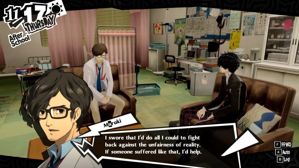 Maruki explaining his goals to the protagonist in his office in Persona 5 Royal.