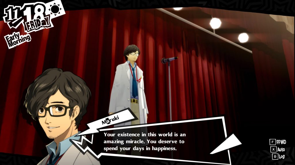 Maruki speaking to the student body at Shujin Academy in Persona 5 Royal.