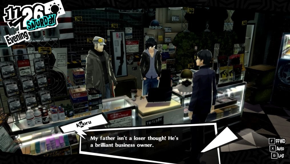 The protagonist in the weapons store in Persona 5 Royal with Iwai and his son.