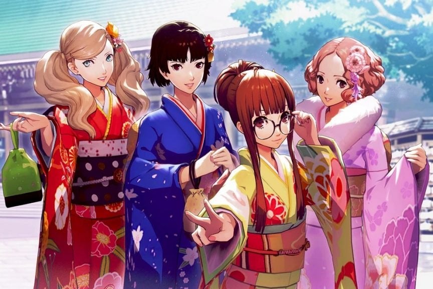 The four main girls from Persona 5 Royal posing in kimono.
