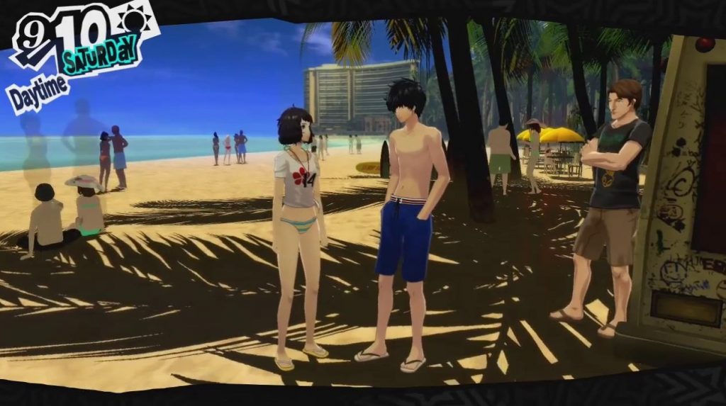 Kawakami with the protagonist on a date in Hawaii in Persona 5 Royal.