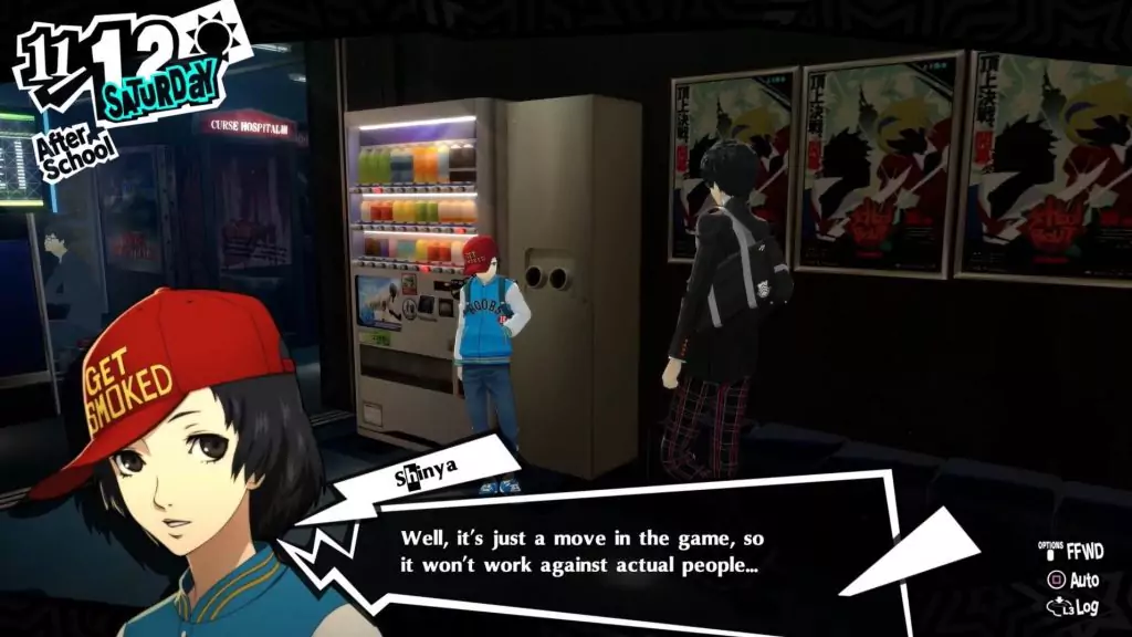 Shinya Oda and the protagonist at the arcade in Akihabara in Persona 5 Royal.