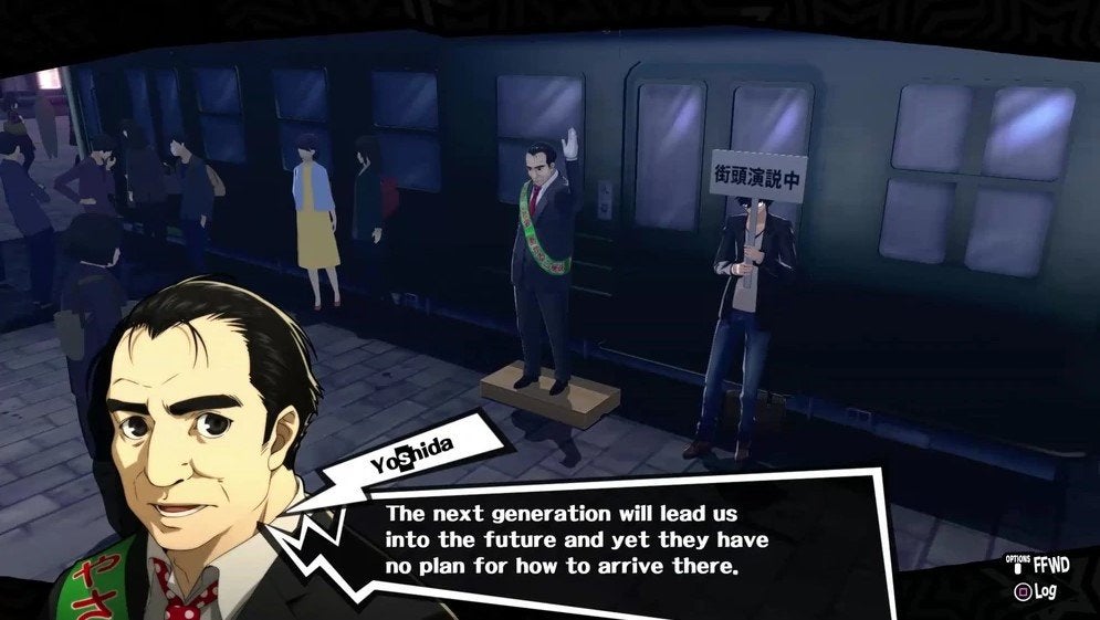 The protagonist standing beside Yoshida during one of his political speeches in Shibuya in Persona 5 Royal.