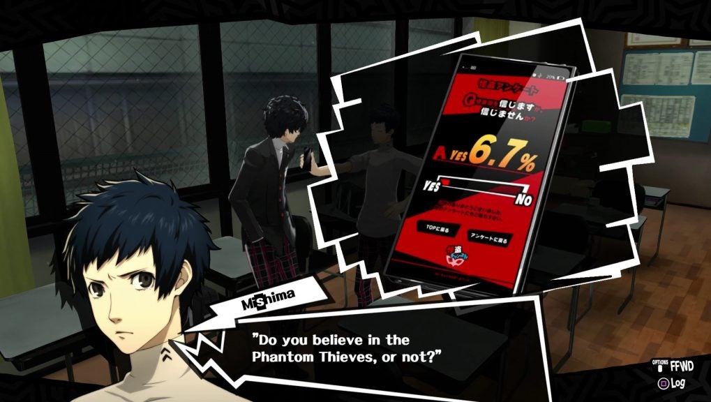 Mishima showing off his Phantom Thieves fansite in class in Persona 5 Royal.