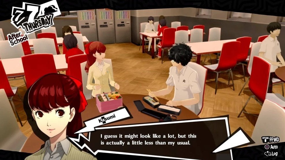 Kasumi eating lunch with the protagonist in Persona 5 Royal.