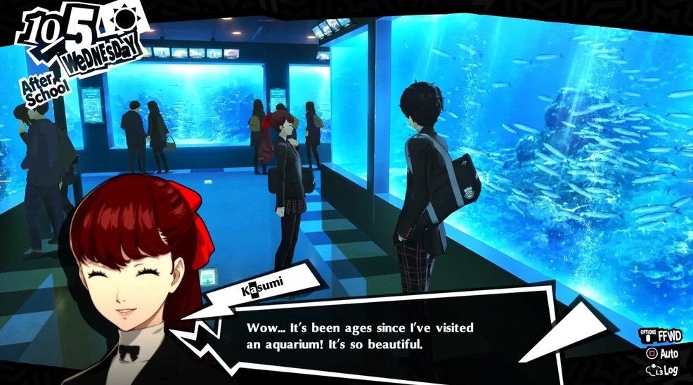 Kasumi and the protagonist at the aquarium in Persona 5 Royal.