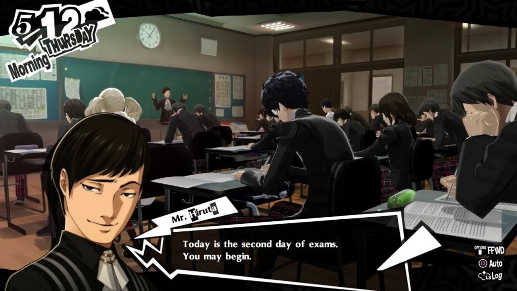 The classroom during exam day at school in Persona 5 Royal.