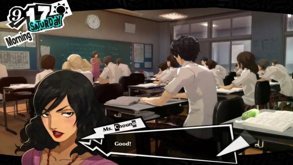 The protagonist correctly answering a question in class in Persona 5 Royal.