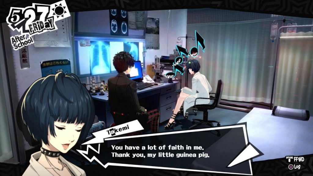 The protagonist chatting with Tae at her clinic in Persona 5 Royal.