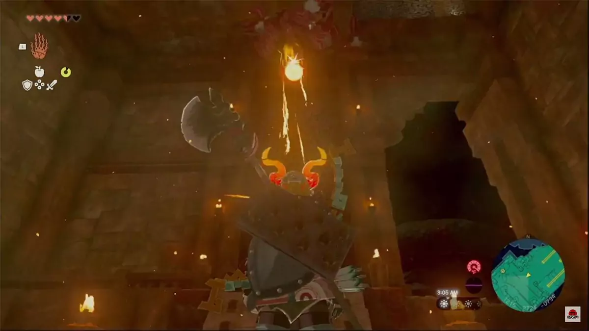 Yunobo smashing a marbled rock in the ceiling.