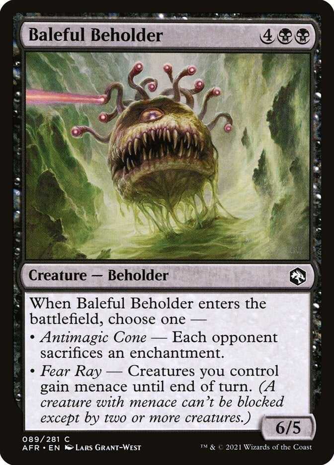 A black card featuring a beholder—a round creature with a large mouth and many eyes.