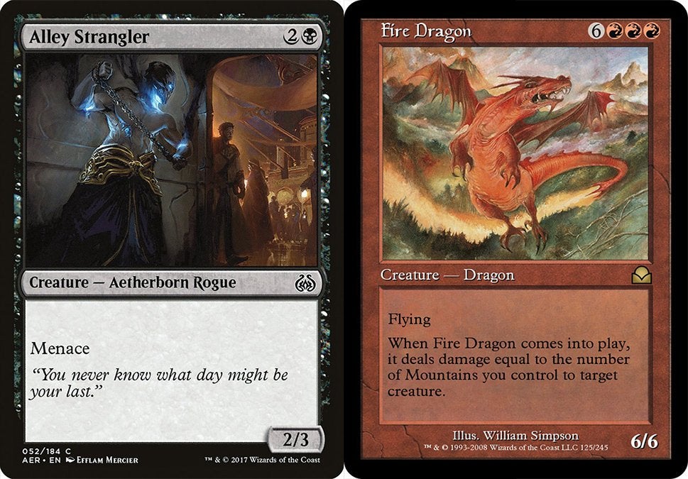 A black card with the ability Menace in Magic: The Gathering on the left and a red card with the Flying ability on the right.