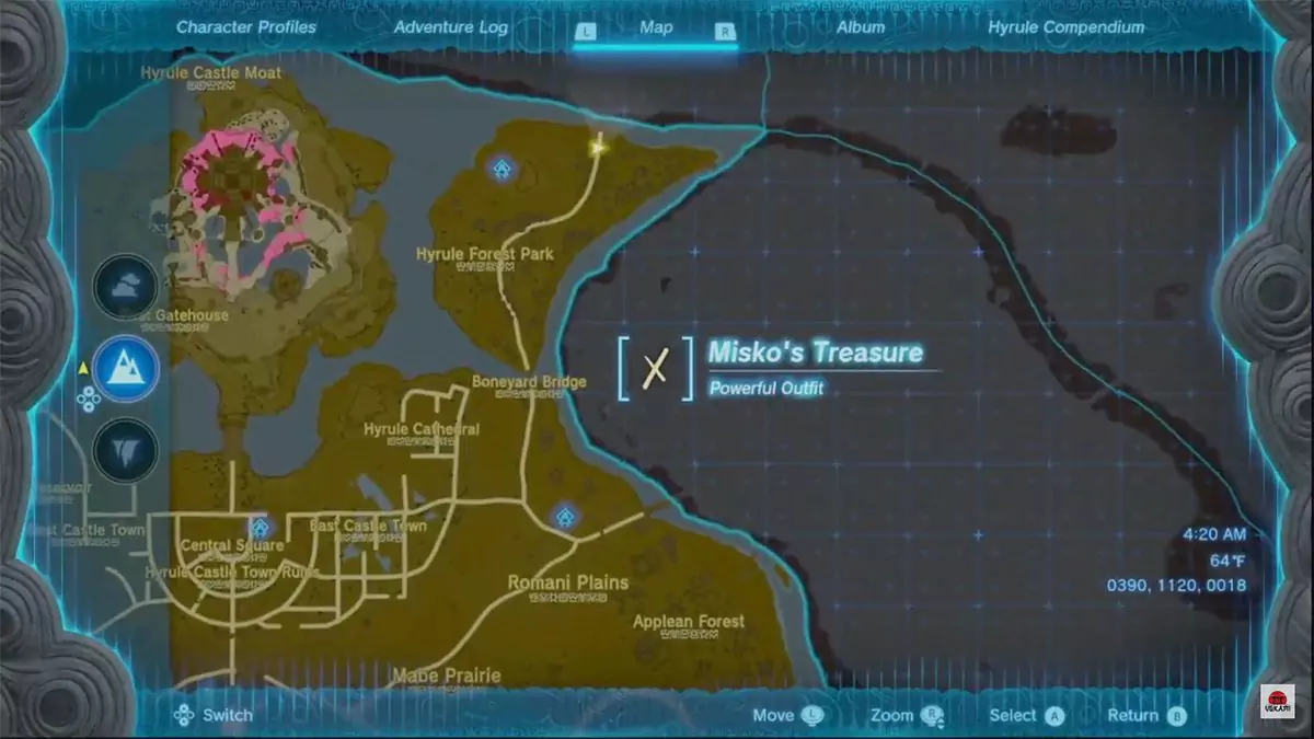 A white "X" marking the spot the Barbarian Armor can be found on the map in The Legend of Zelda: Tears of the Kingdom.
