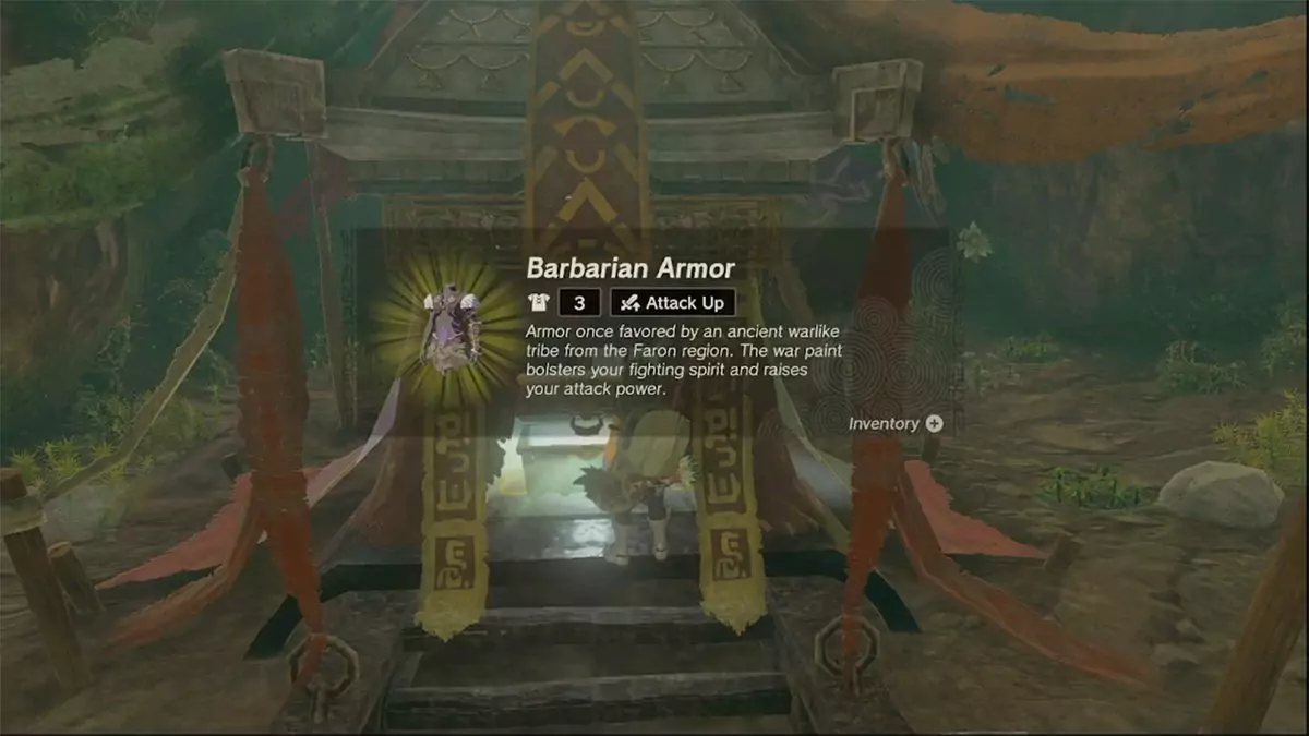 Link finding the Barbarian Armor in a treasure chest in The Legend of Zelda: Tears of the Kingdom.