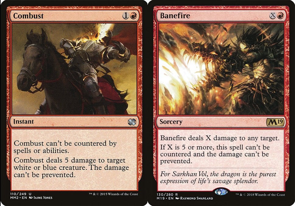 The instant Combust and the sorcery Banefire—both of which are red cards that are uncounterable in Magic: The Gathering.