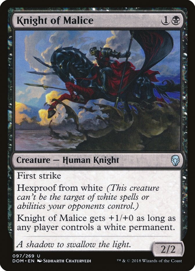 Knight of Malice: a black creature card that has Hexproof from white.