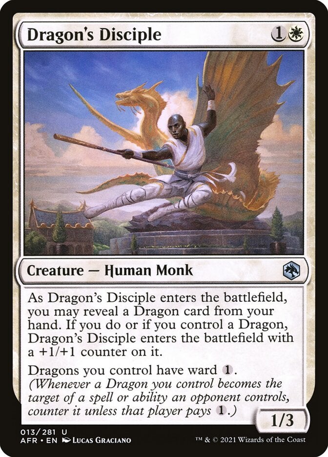 A white Magic: The Gathering card that gives Ward 1 to ally dragon creatures.