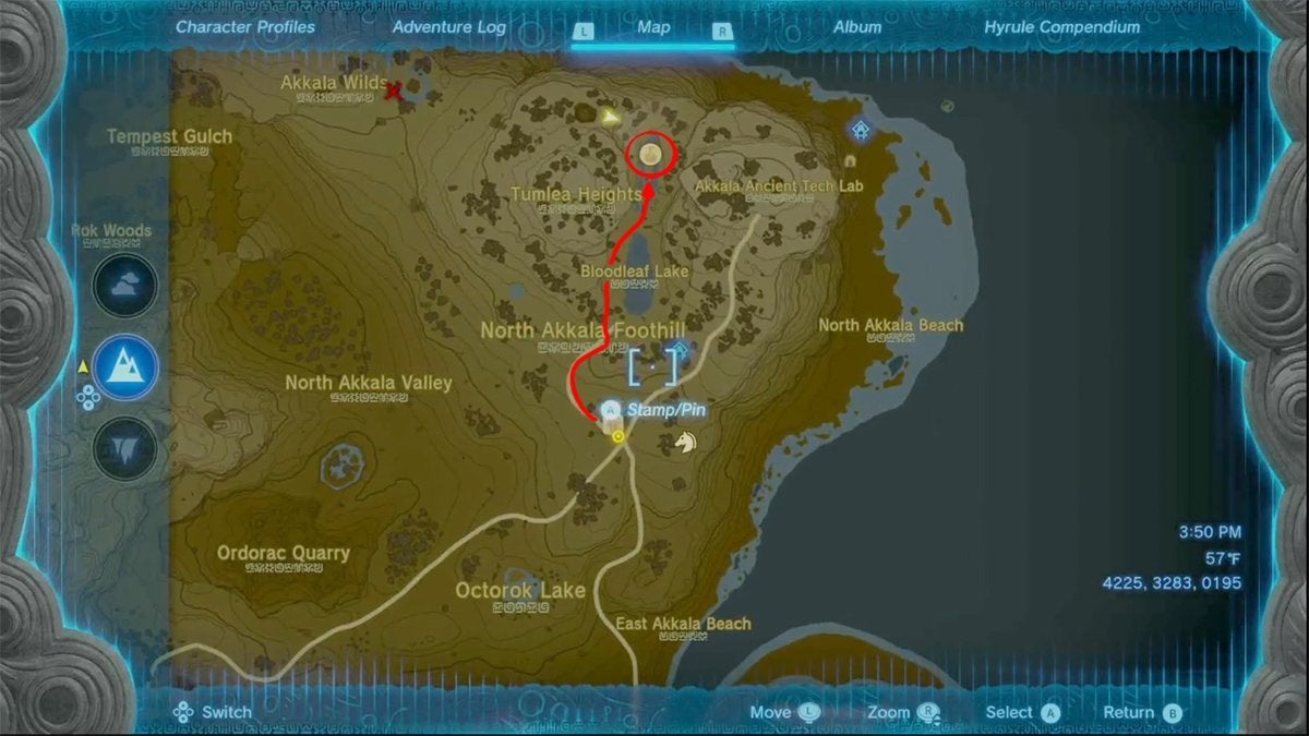 A red arrow and a red circle showing how to get from the East Akkala Stable to Malanya's home on the map of The Legend of Zelda: Tears of the Kingdom.