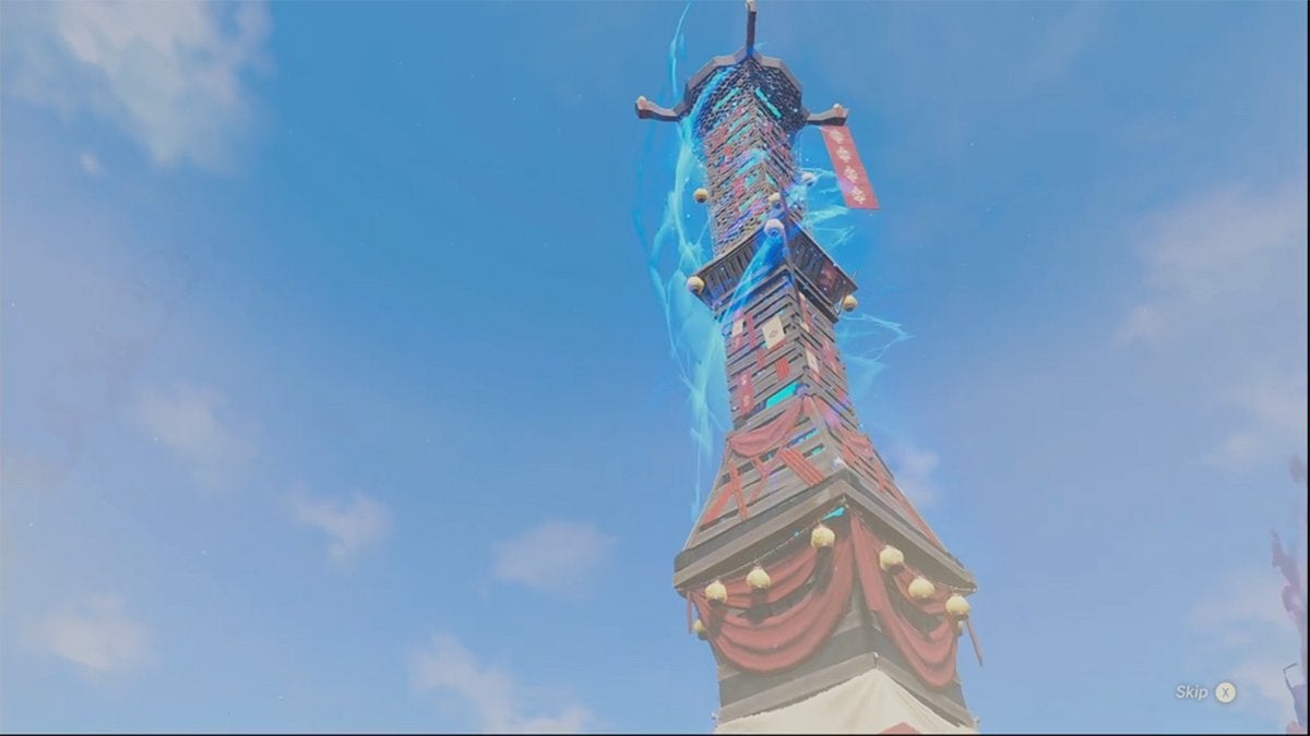 A Skyview Tower with glowing blue energy around it in The Legend of Zelda: Tears of the Kingdom.