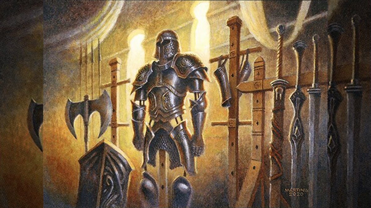 The art on the Magic: the Gathering card called Plate Armor. It shows a suit of armor on a wall surrounded by melee weapons.