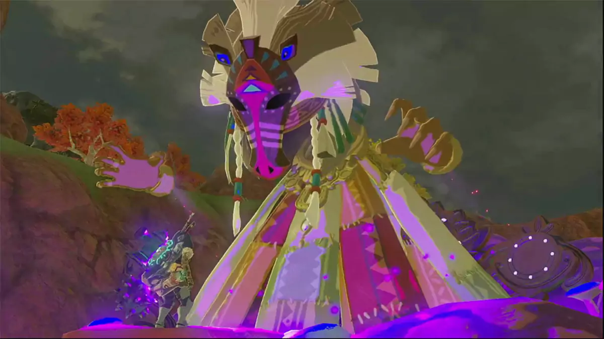 The horse god Malanya appearing before Link. Malanya looks like they are wearing tribal clothing and a mask.