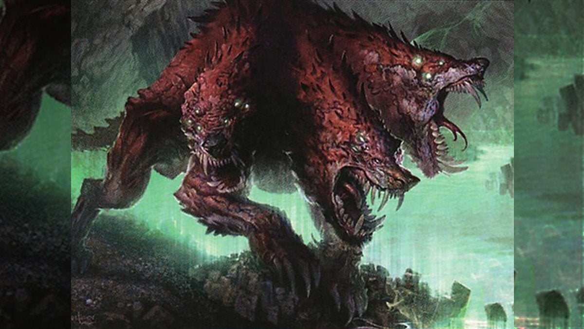 Card art from the red and black Magic: The Gathering card called Underworld Cerberus.