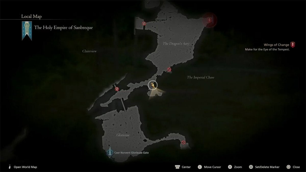 The map in Final Fantasy 16 showing The Dragon's Aery.