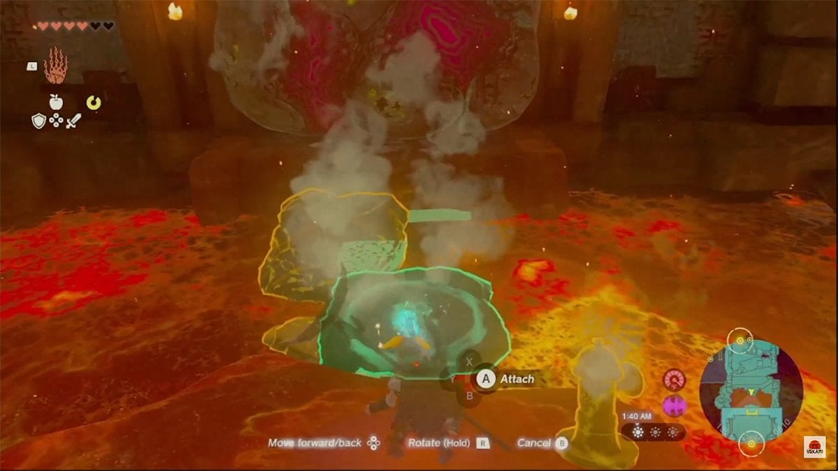 Link making a ramp across lava with some stone slabs.