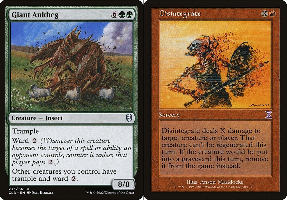 A creature with Ward 2 on the left and a sorcery that targets a permanent.