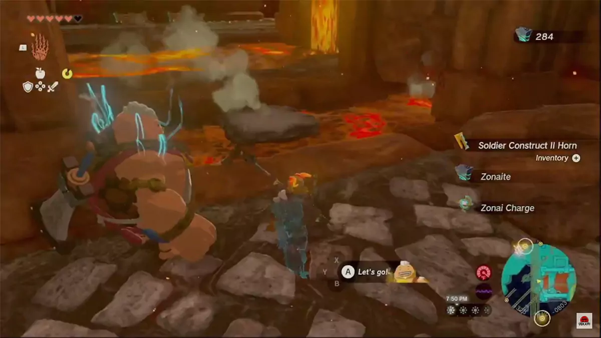Link looking at a stream of lava.