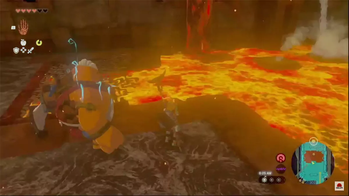 Link and Yunobo looking at stone slabs on a lava pool.