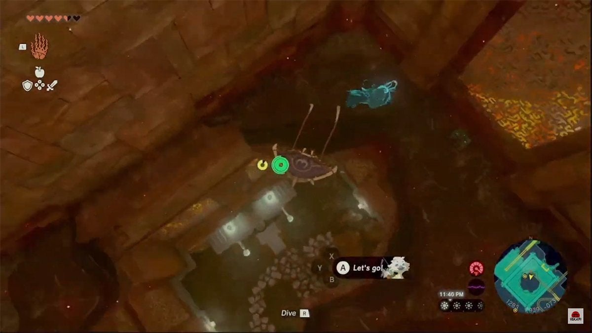 Link gliding down to the fourth lock in the Fire Temple.