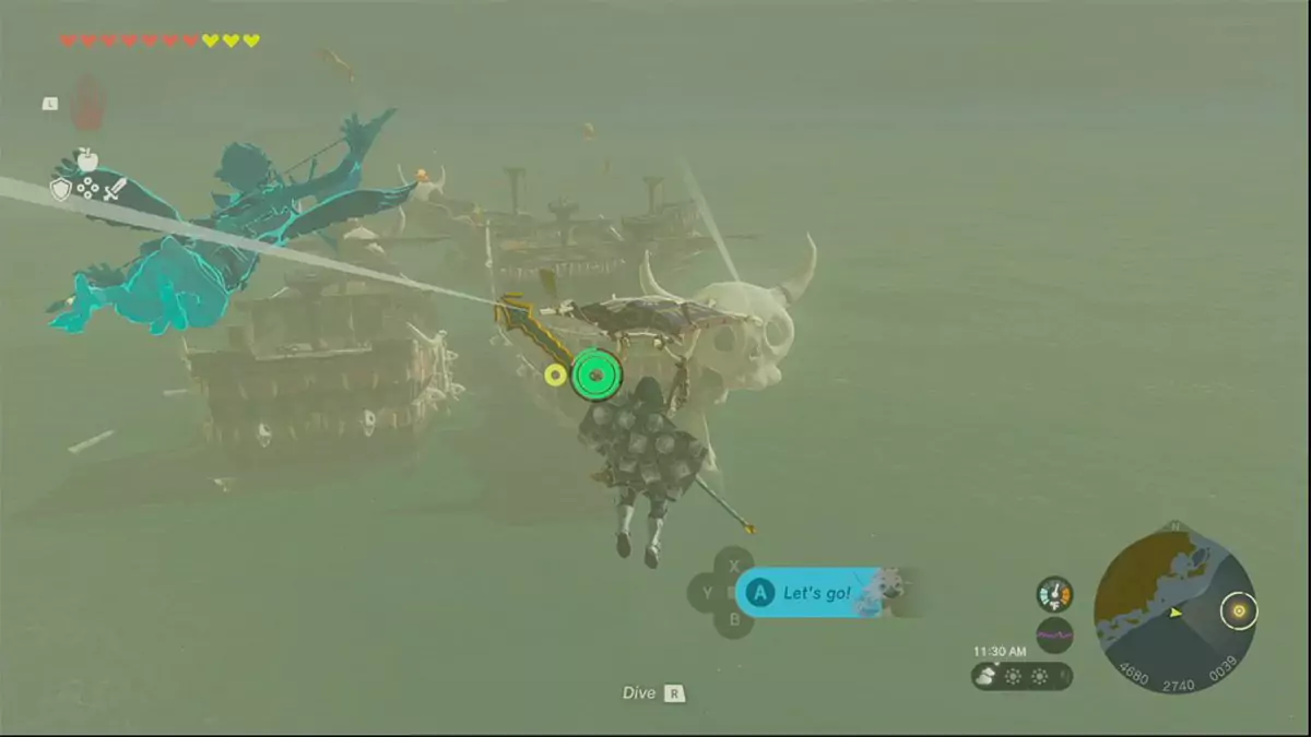 Link gliding towards some pirate ships adorned with huge horned skulls.