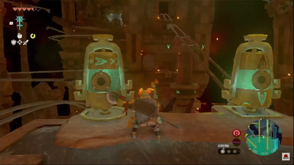 Link hitting two bell switches to adjust the direction of some minecart tracks.