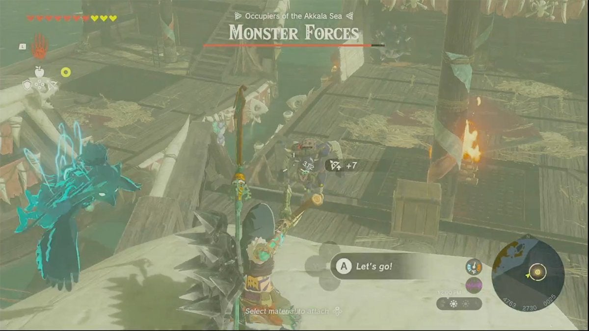 Link shooting an arrow at a Blue Moblin on a pirate ship.