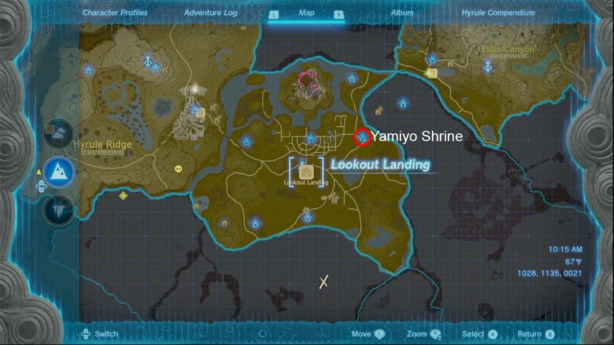 Map of The Legend of Zelda: Tears of the Kingdom marked to show Lookout Landing and Yamiyo Shrine.