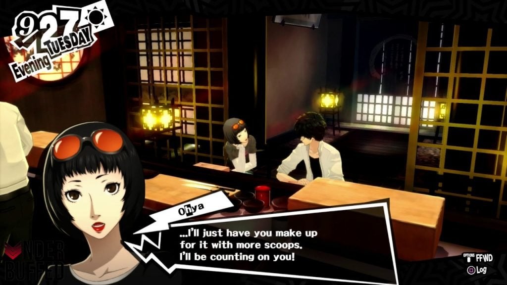 Reporter Ichiko Ohya and the protagonist eating sushi together in Ginza in Persona 5 Royal.