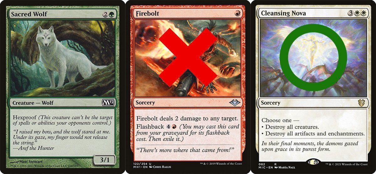 A green creature card called Sacred Wolf, a red sorcery card called Firebolt, and a white sorcery card called Cleansing Nova. Firebolt has a red "X" on it and Cleansing Nova has a green circle on it. All cards relate to Hexproof in Magic: The Gathering.