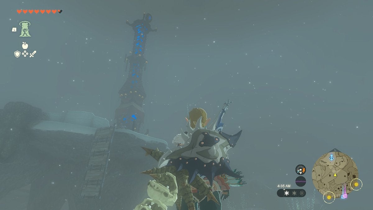 A Skyview Tower on a raised plateau near a broken wooden bridge. It's also snowing heavily.