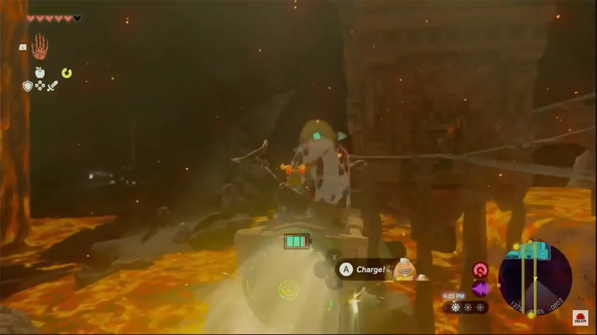 Link riding in a cart and asking Yunobo to hit a switch in front of them.