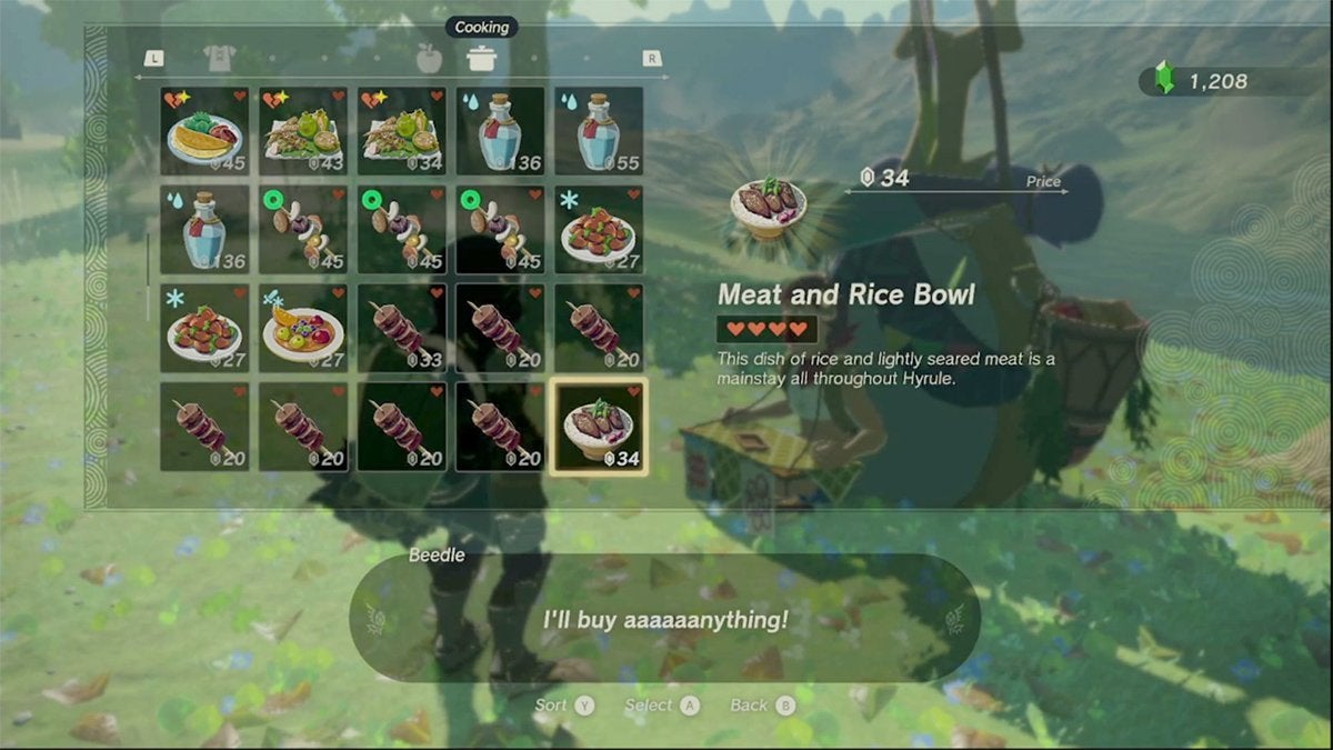 Link about to sell a Meat and Rice Bowl to Beedle for 34 Rupees.