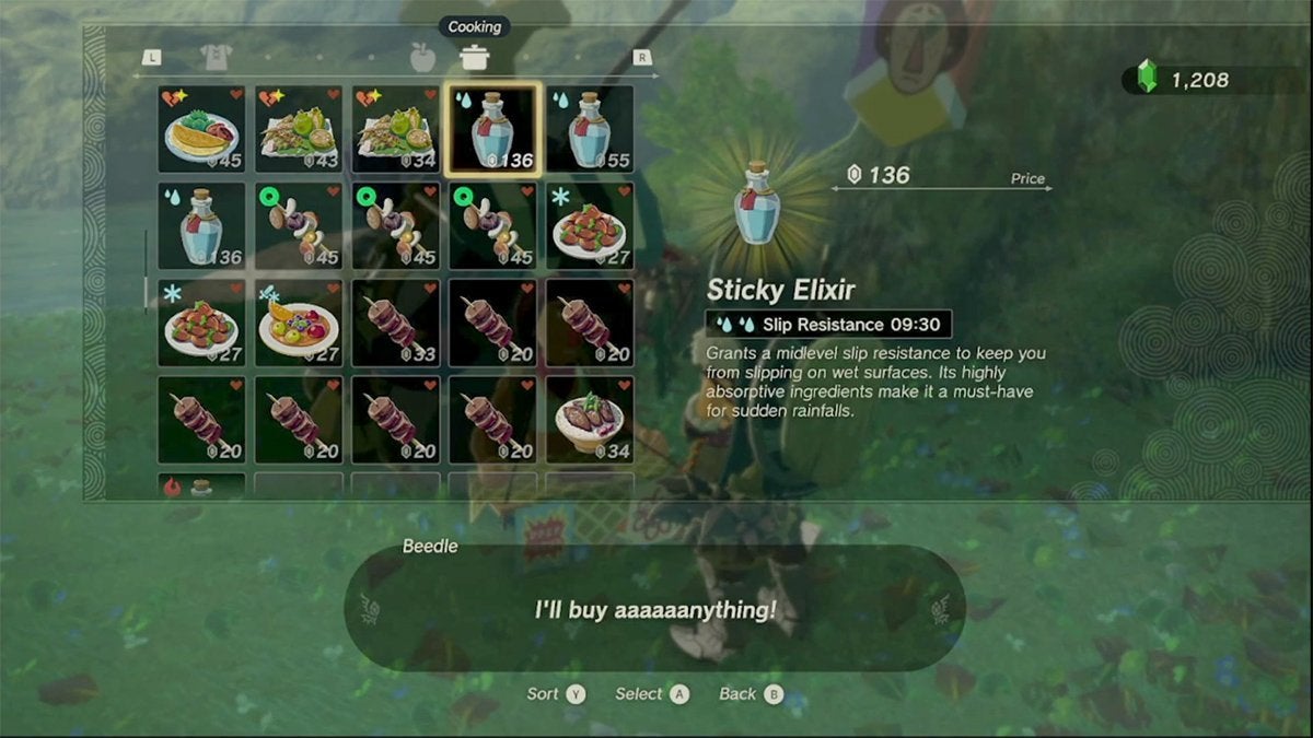 Link about to sell a Sticky Elixir to Beedle for 136 Rupees.
