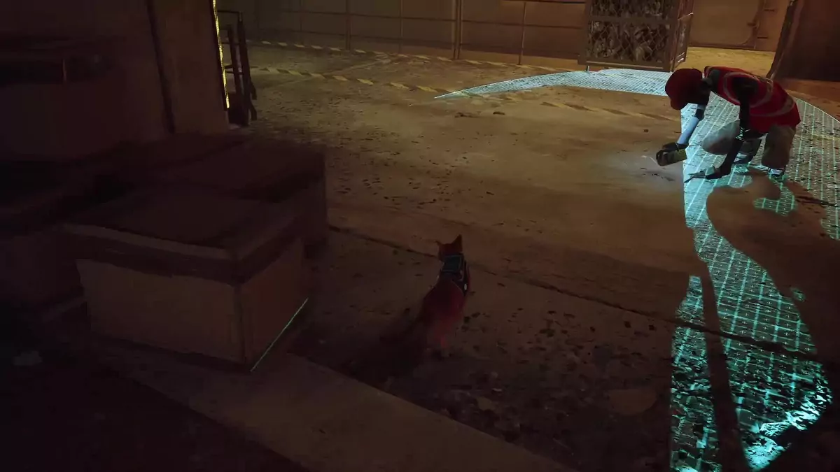 The Stray cat hiding from a Sentinel drown behind crate.