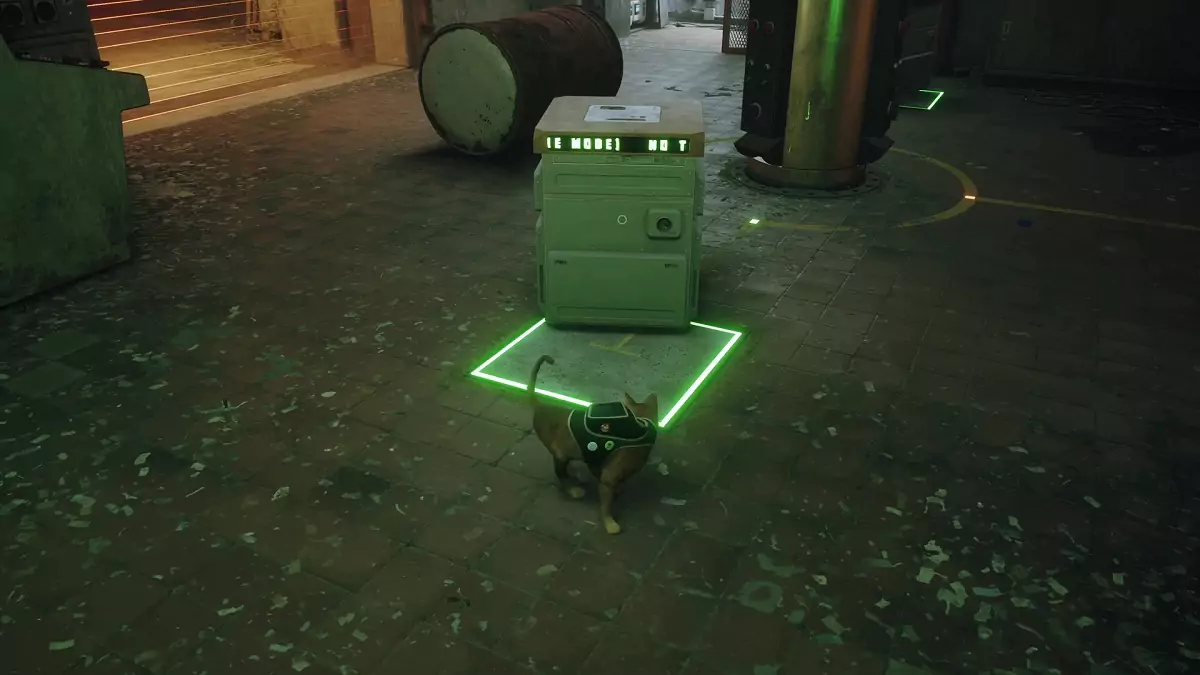 The Stray cat luring a machine onto a panel in the Neco factory.