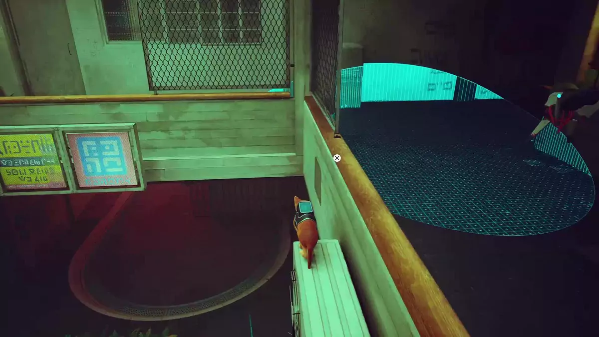 The Stray cat hiding from a Sentinel drone behind a railing.