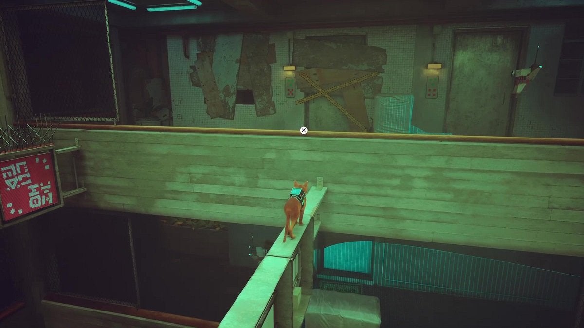 The Stray cat approaching Clementine's apartment from atop a beam.