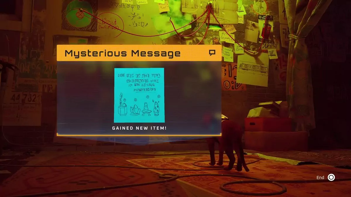 The Stray cat reading Clementine's message about the four items in the apartment that lead to her location.