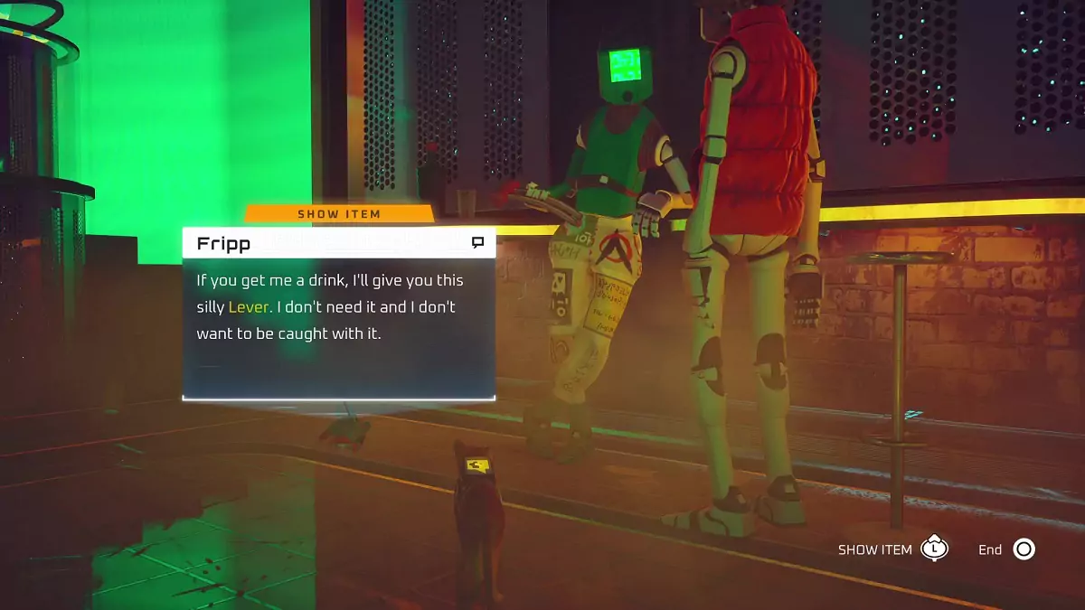 The Stray cat talking to a robot holding a lever in the Midtown nightclub.