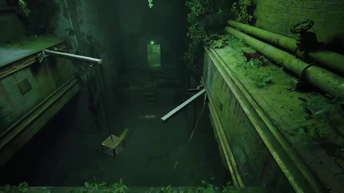 The Stray cat approaching a metal beam in the jail.