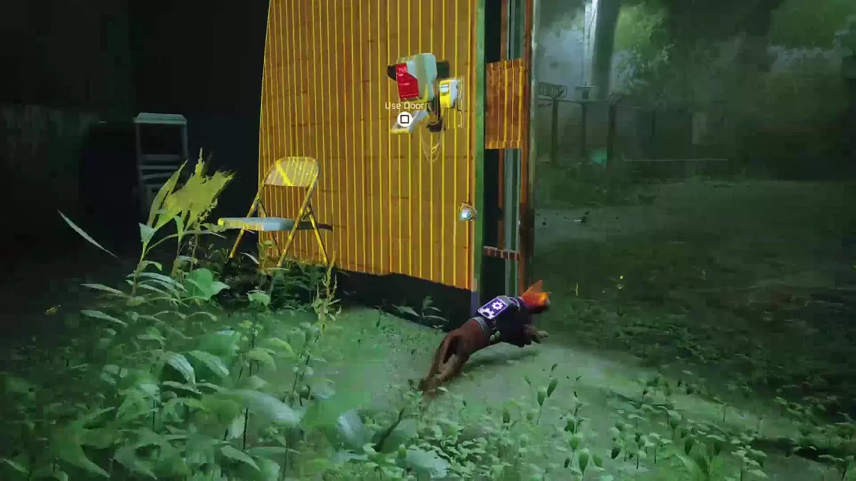 The Stray cat running away from a drone and locking a door to trap it.